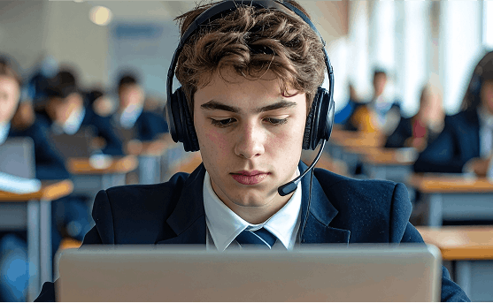 Student in exams conditions working on a laptop wearing a headset that he can speak into and use the dictation/scribe feature.