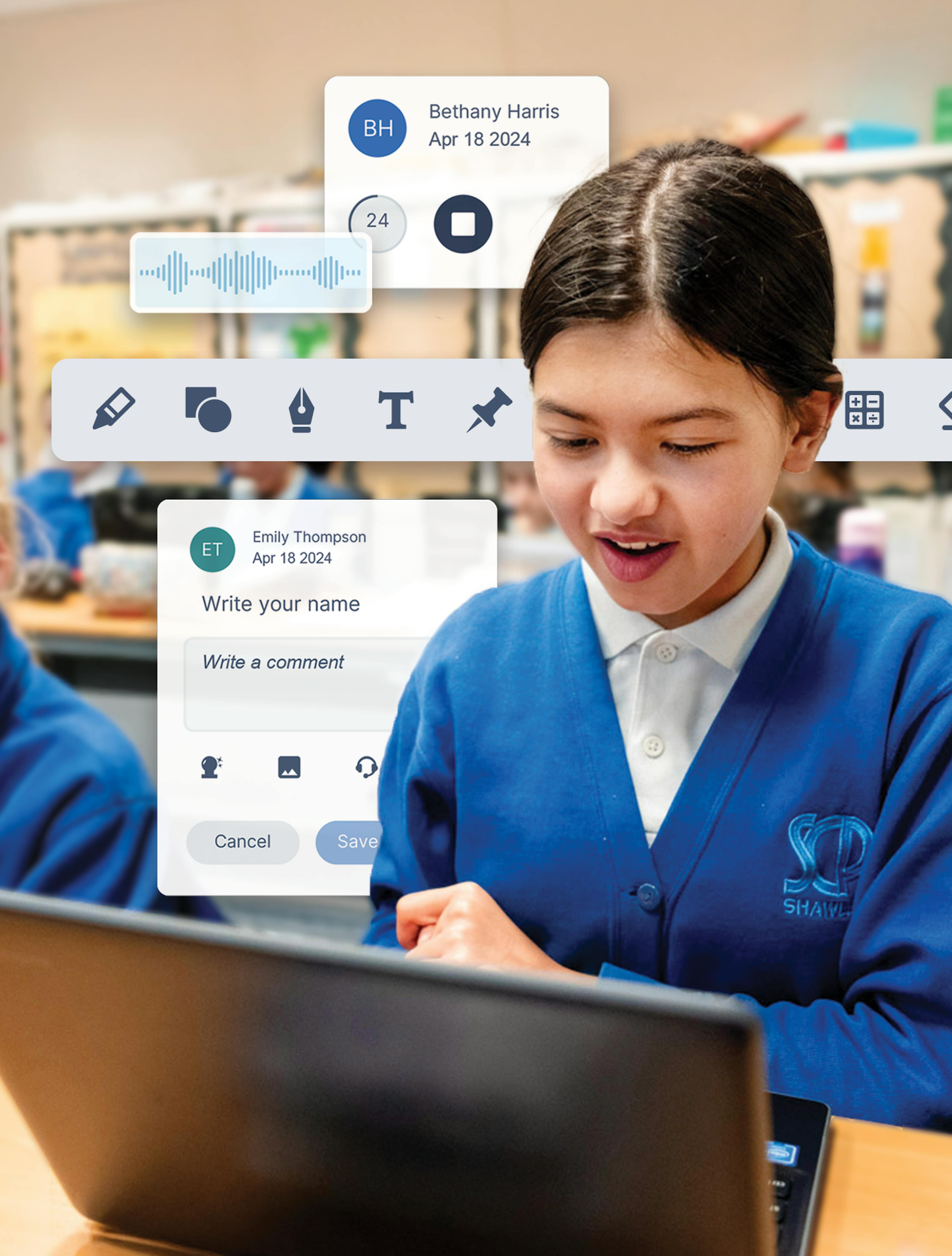 Student working on laptop with OrbitNote UI features floating in background, demonstrating pin comments and voice notes for assessment.