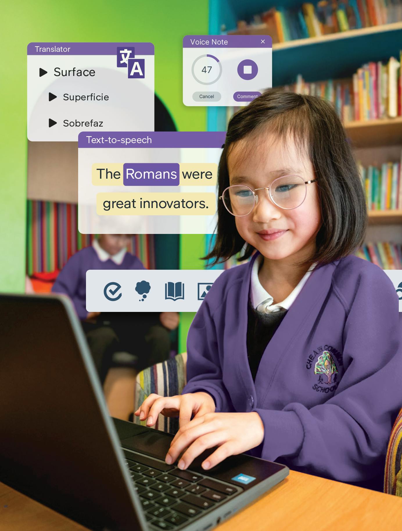 Student working on laptop with Read&Write UI features floating in background, demonstrating text-to-speech, voice note and translator