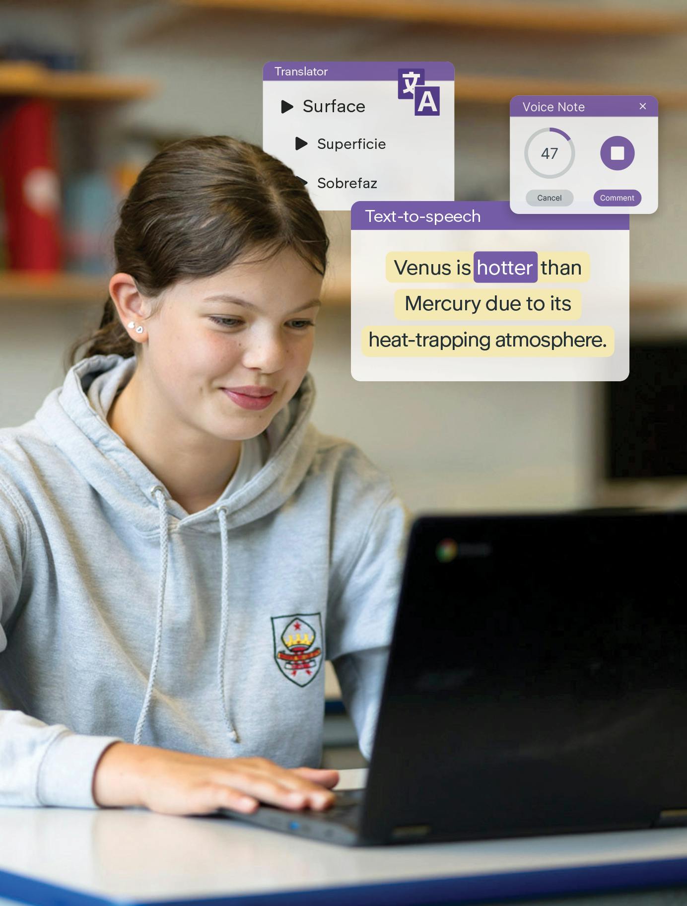 Student working on laptop in classroom. Read&Write feature mockups floating in the background demonstrating text-to-speech, voice note and translator features.
