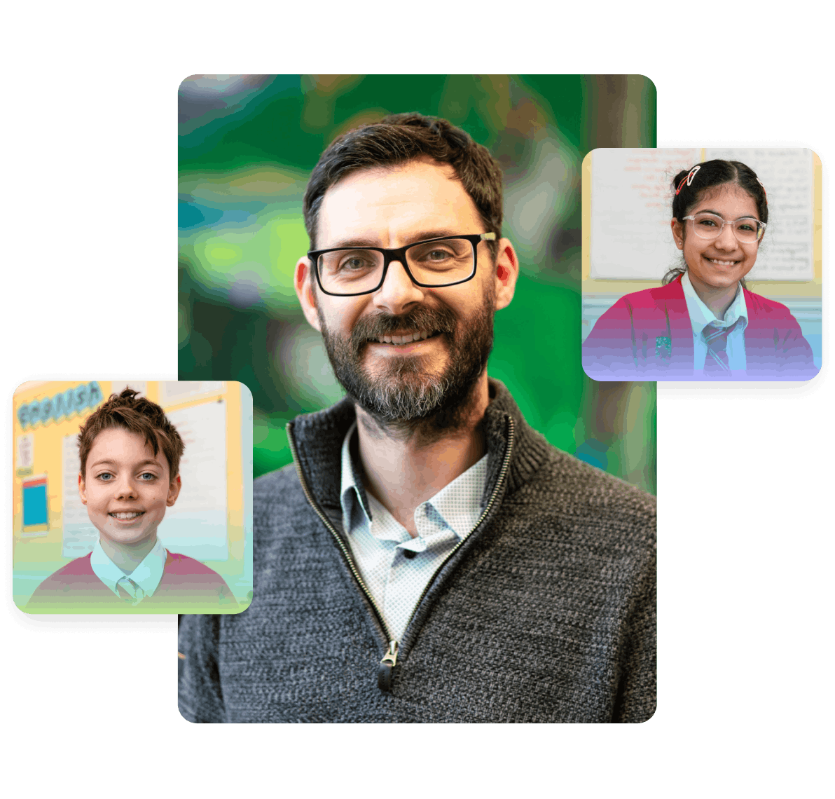 Three separate headshot images. Centre image is of a teacher with an image of a student on either side.