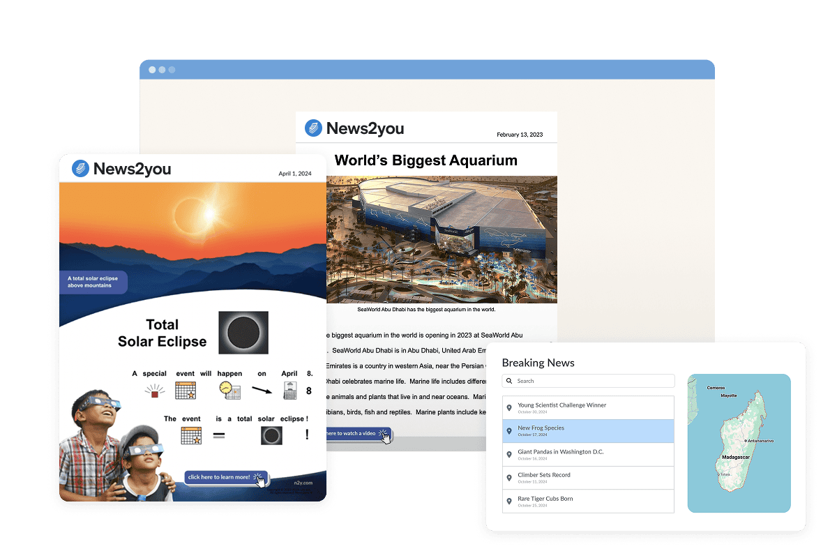 Collage showing News2you materials, including a symbol-supported article, a text-based article, and breaking news articles.