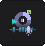 Purple microphone in front of a sound wave and play/pause image