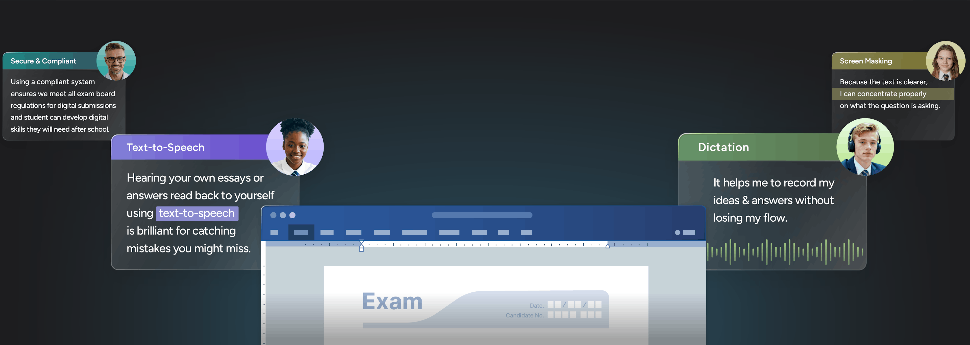 Hero image showing exam write pad and multiple tools/features that support students during exams