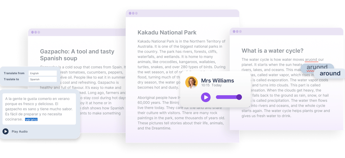 Combined screens from Read&Write showing translate, voice notes and CheckIt