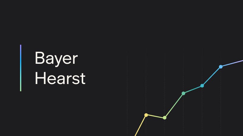 Words Bayer and Hearst next to an upward-trending line chart indicating growth or progress.