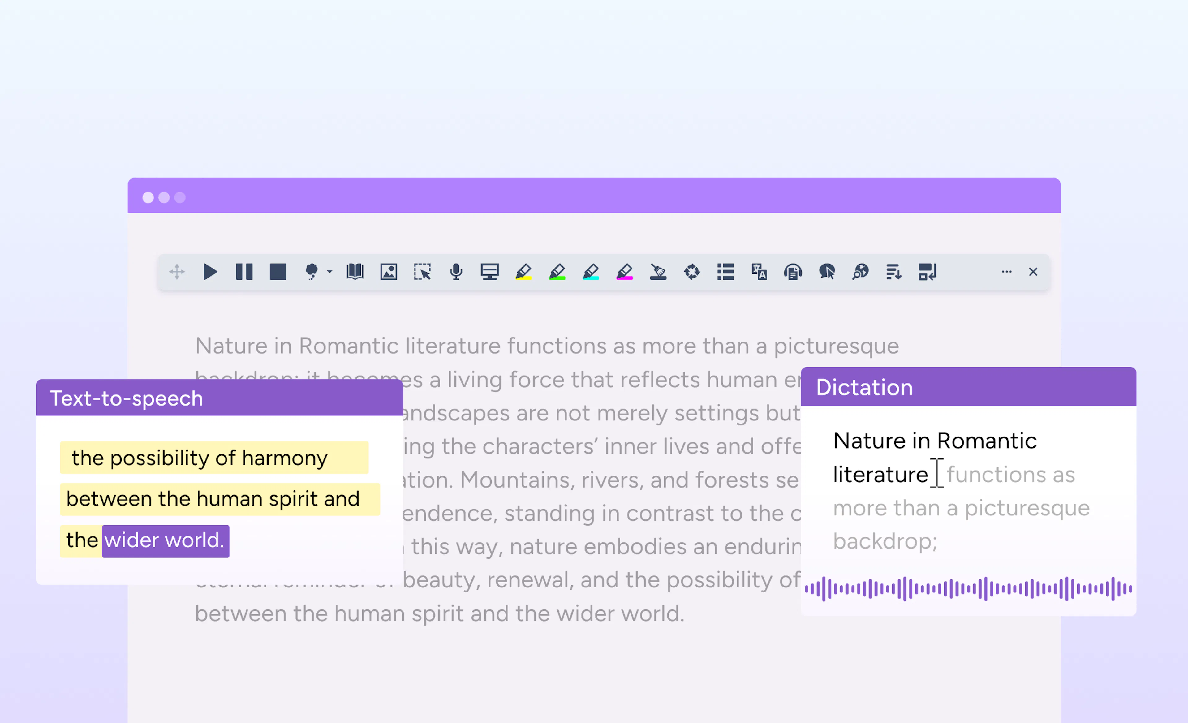 Read&Write toolbar and features including dictation and text-to-speech