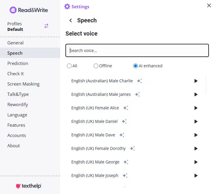 Read&Write's AI voice options