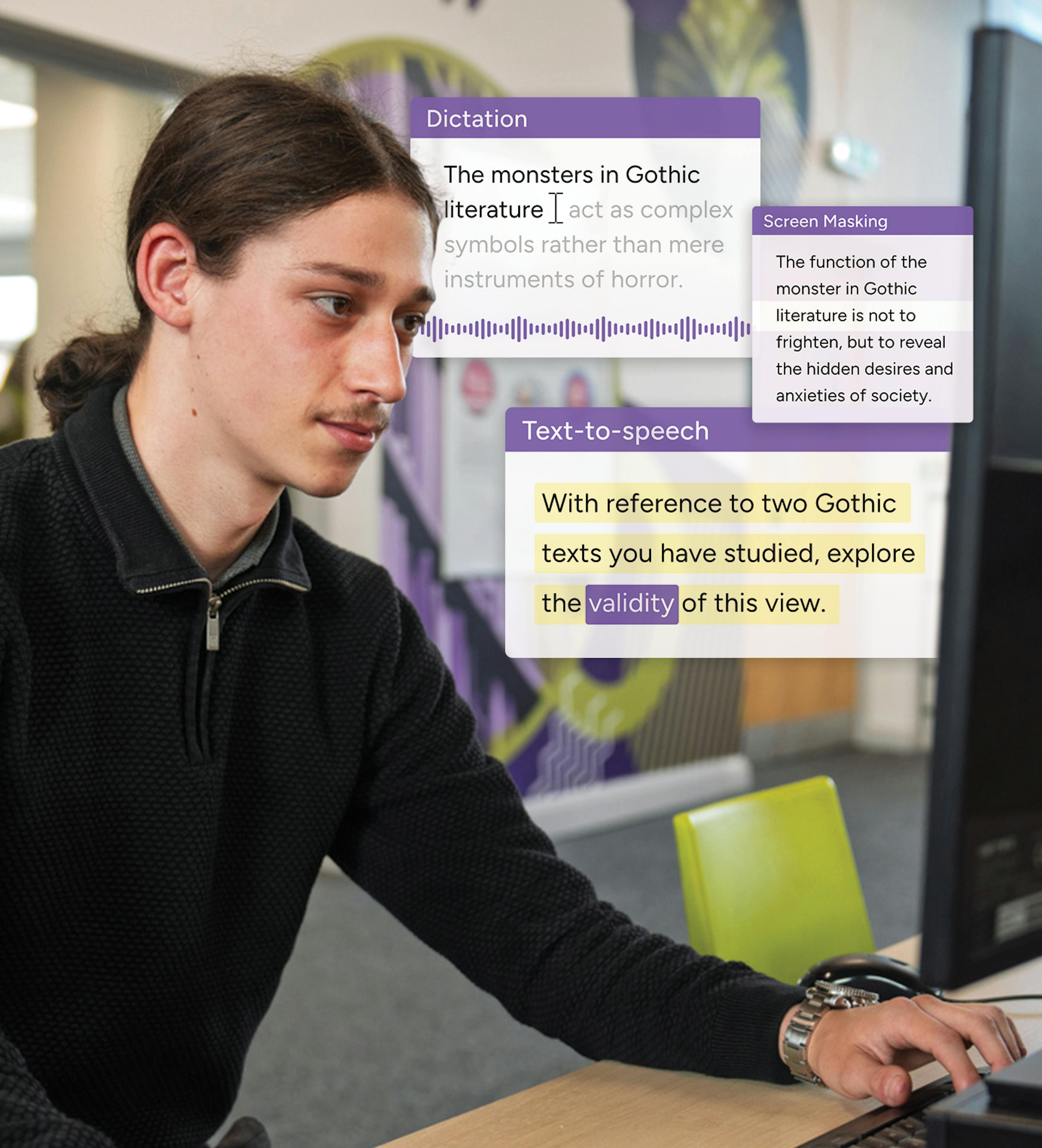 Student working on computer. Read&Write feature mockups floating in the background demonstrating text-to-speech, dictation and screen masking features.