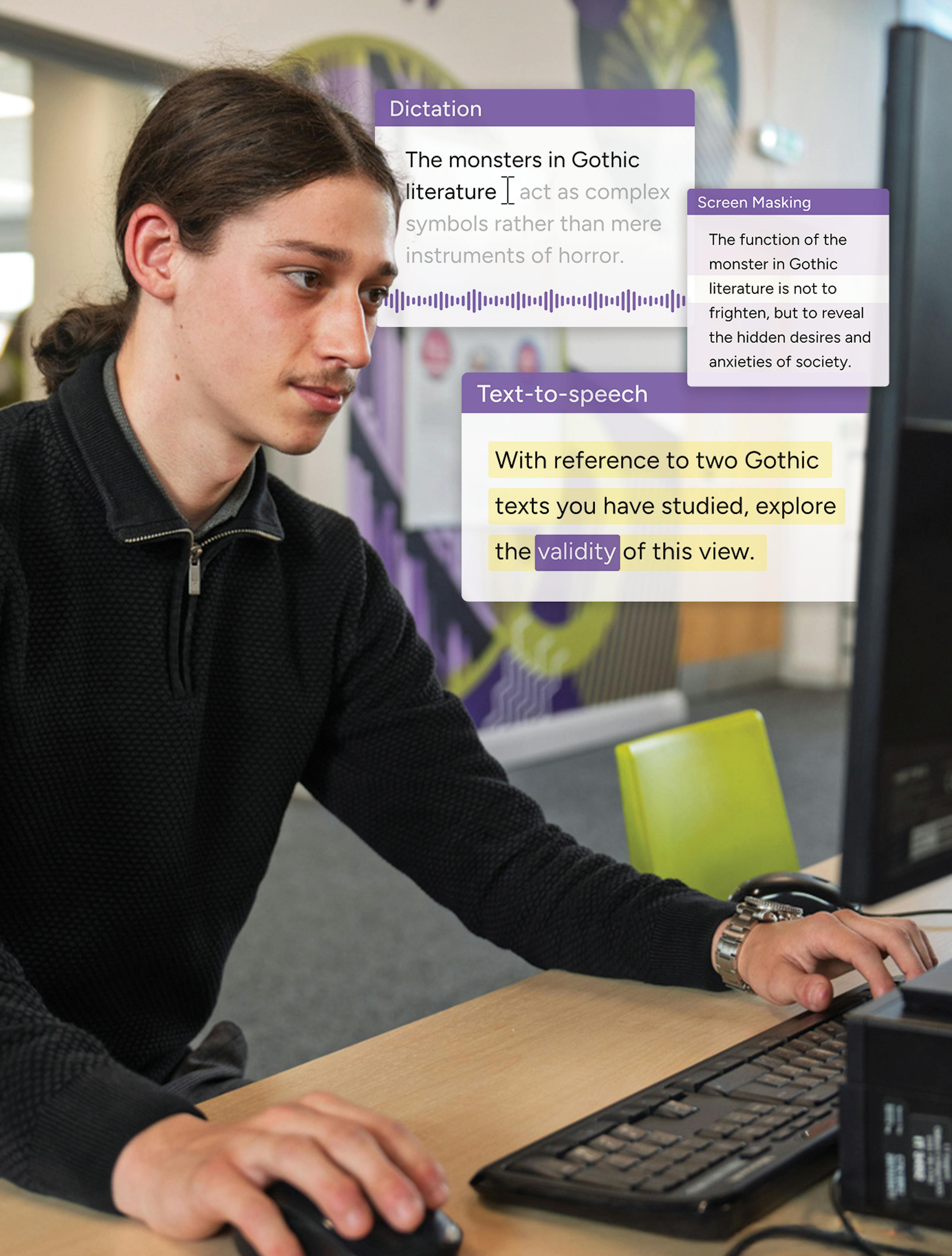 Student working on computer. Read&Write feature mockups floating in the background demonstrating text-to-speech, dictation and screen masking features.