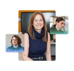 A photo of a teacher with an overlapping headshot photo of a student on either side.