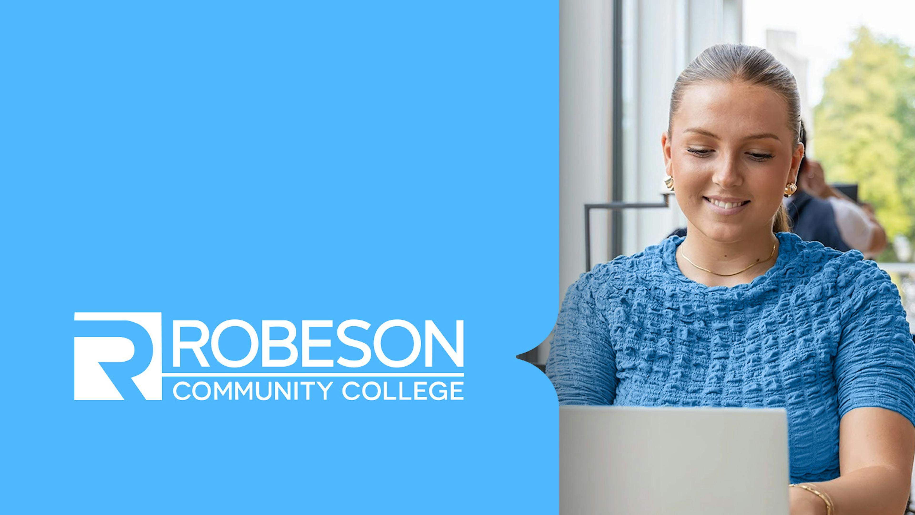 Robeson Community College logo next to a student working on a laptop.