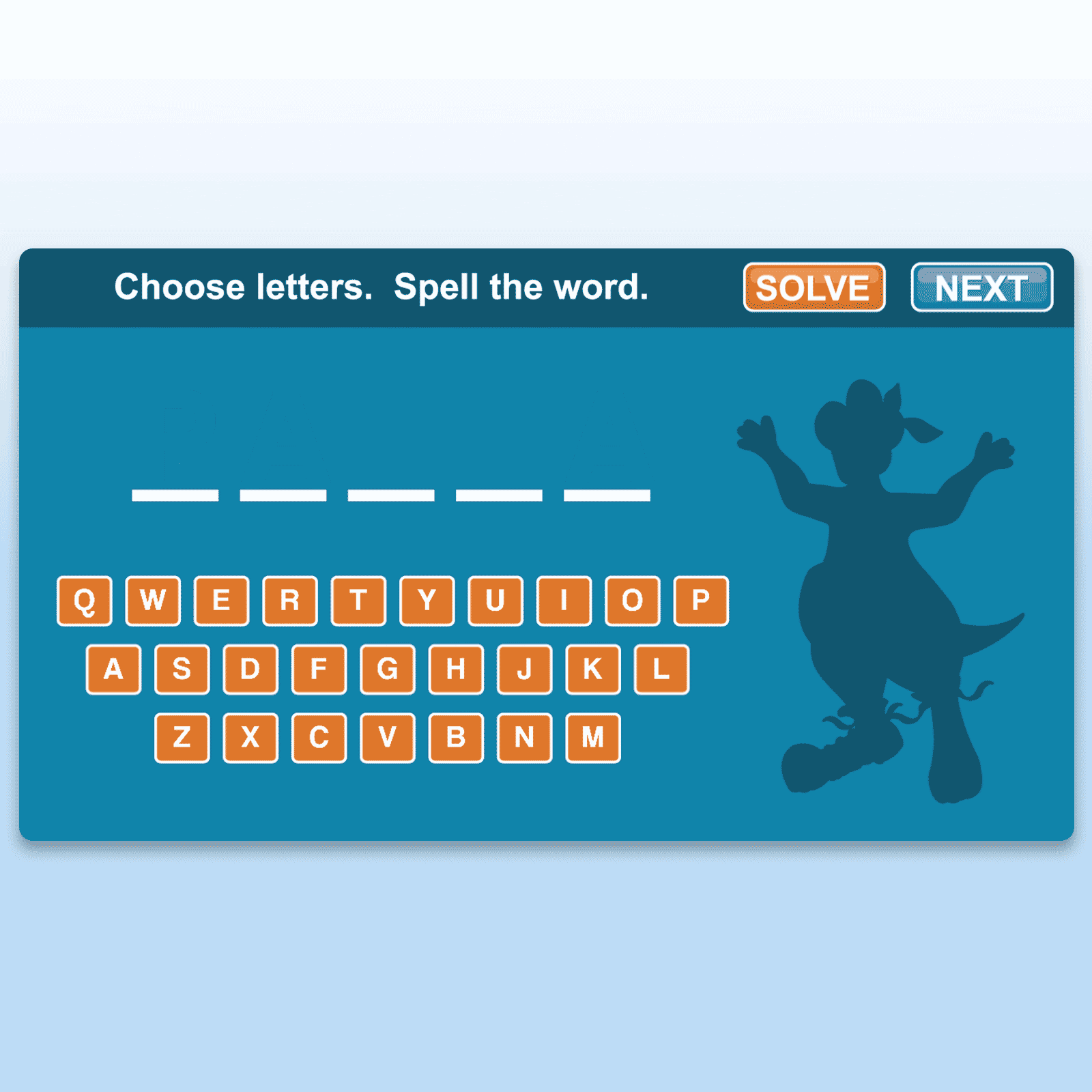 Interactive spelling game screen with blank spaces for a word, an on-screen keyboard, and a silhouette of Joey the kangaroo on the right.