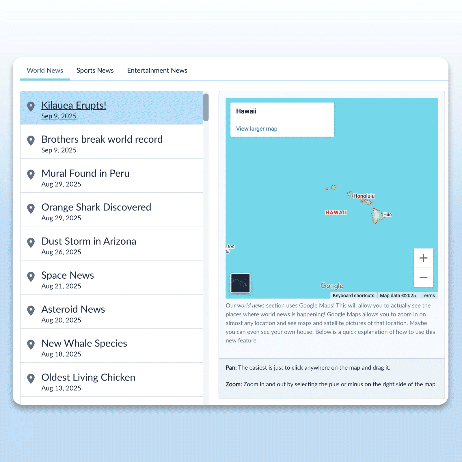 Breaking news interface showing a list of headlines on the left and a Google Map of locations selected on the right.