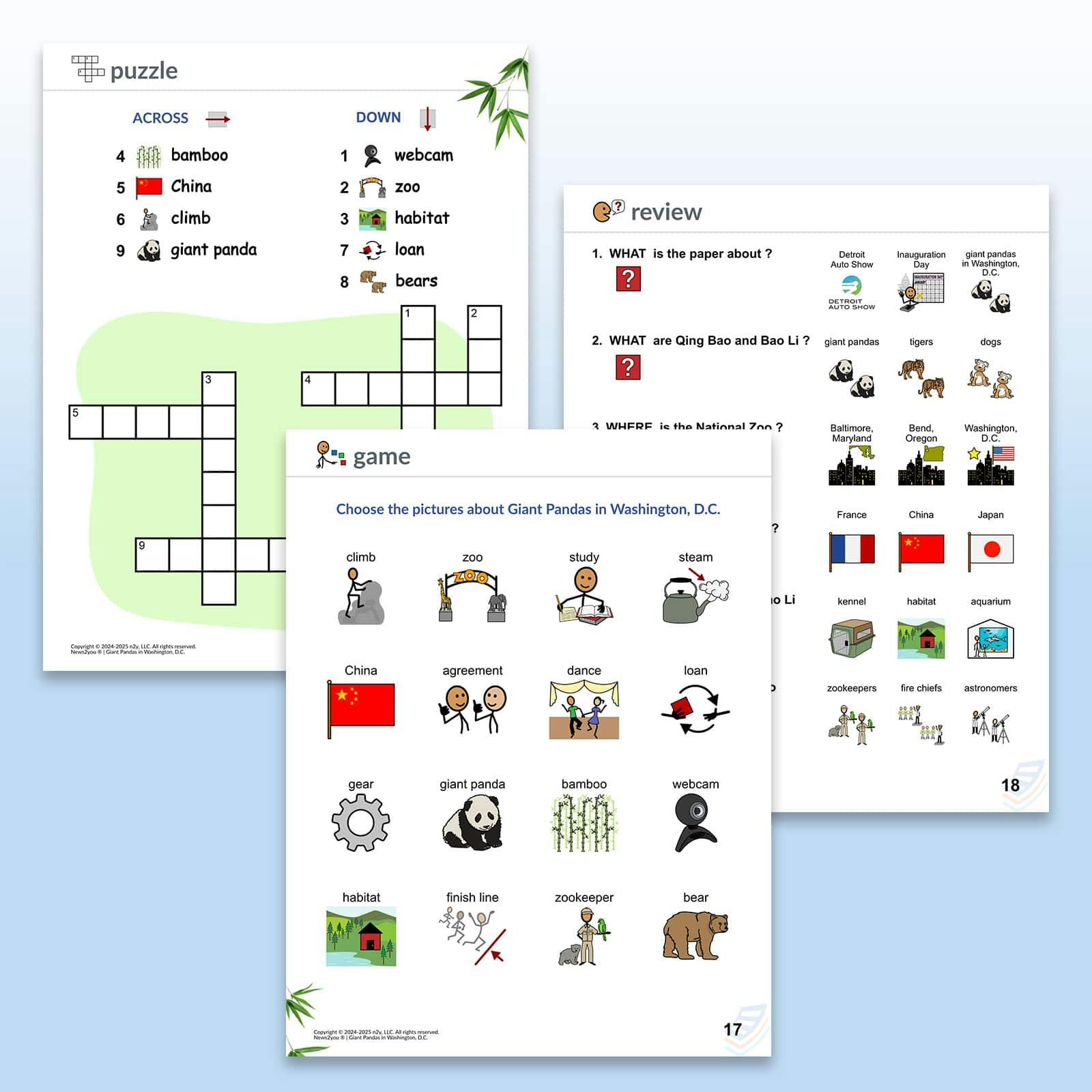 Three activity pages from News2you: a crossword puzzle with words like “bamboo” and “giant panda,” a picture selection game about pandas in Washington, D.C., and a review quiz with multiple-choice symbol-supported questions.