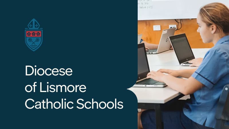 Student in uniform using a laptop to the right, text on the left reads Diocese of Lismore Catholic Schools