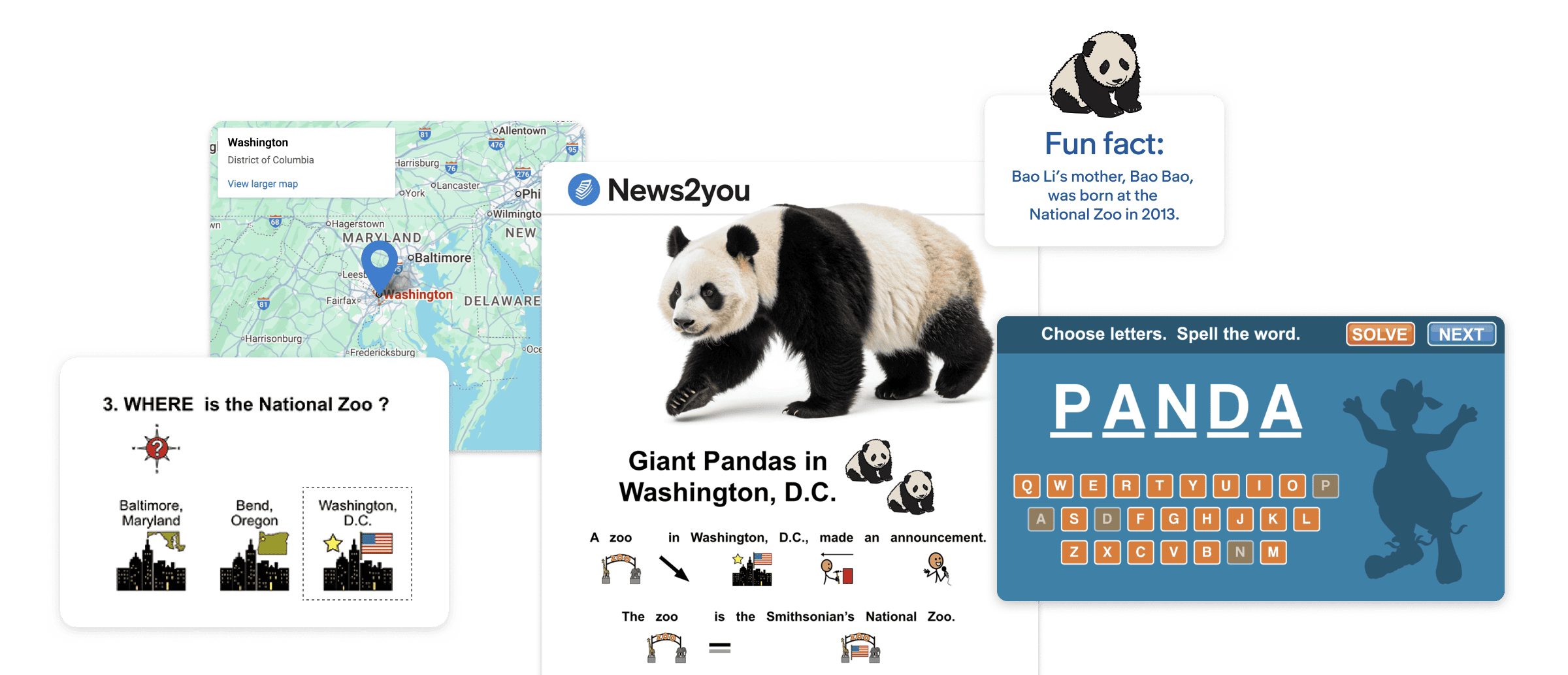 Collage showing News2you materials about giant pandas in Washington, D.C., including a map, quiz, spelling game, and fun fact.