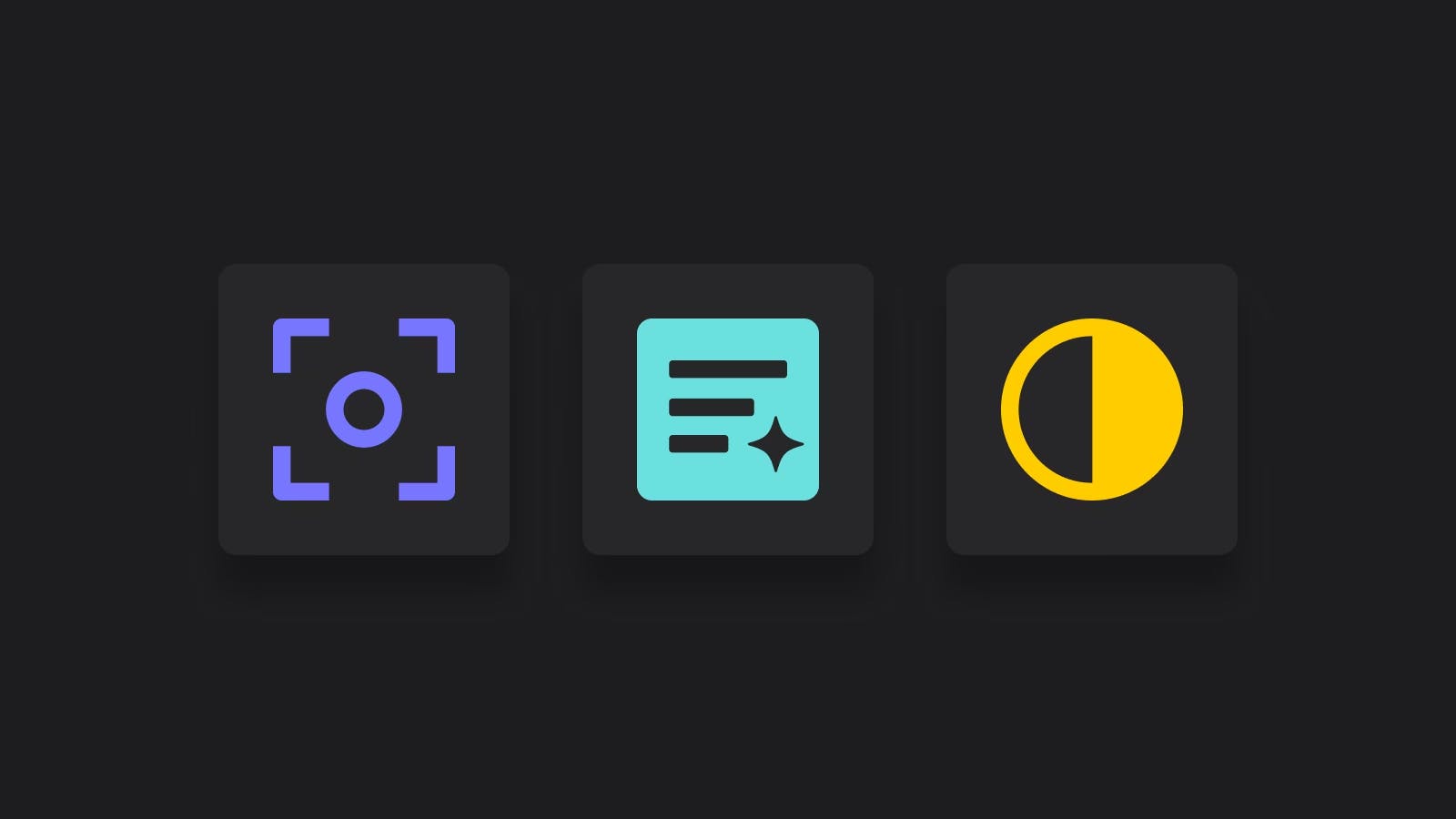 Three icons in a row. A camera icon representing focus, a paragraph icon representing awriting assistant and a color contrast icon representing clarity