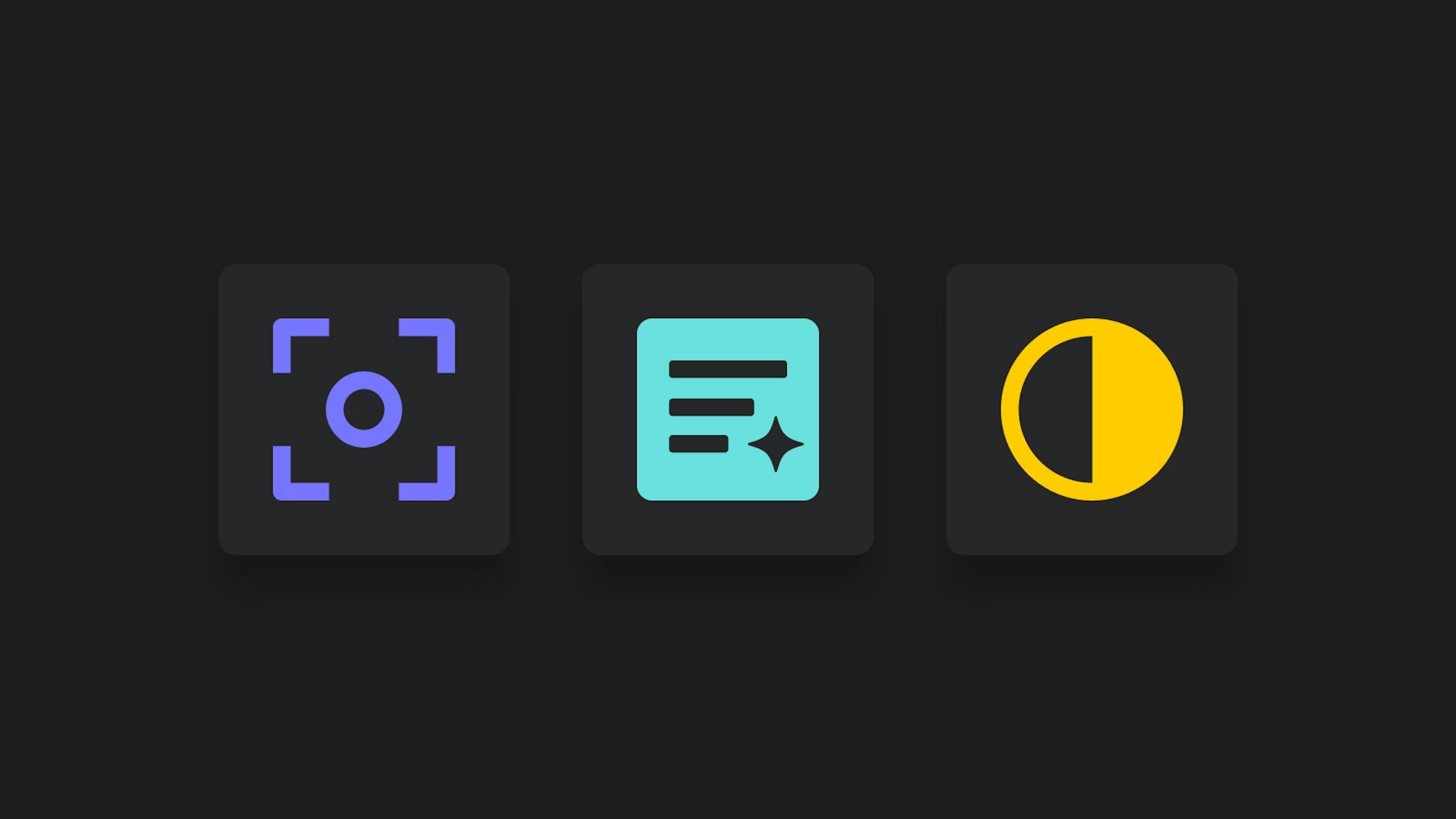 Three icons in a row. A camera icon representing focus, a paragraph icon representing awriting assistant and a color contrast icon representing clarity