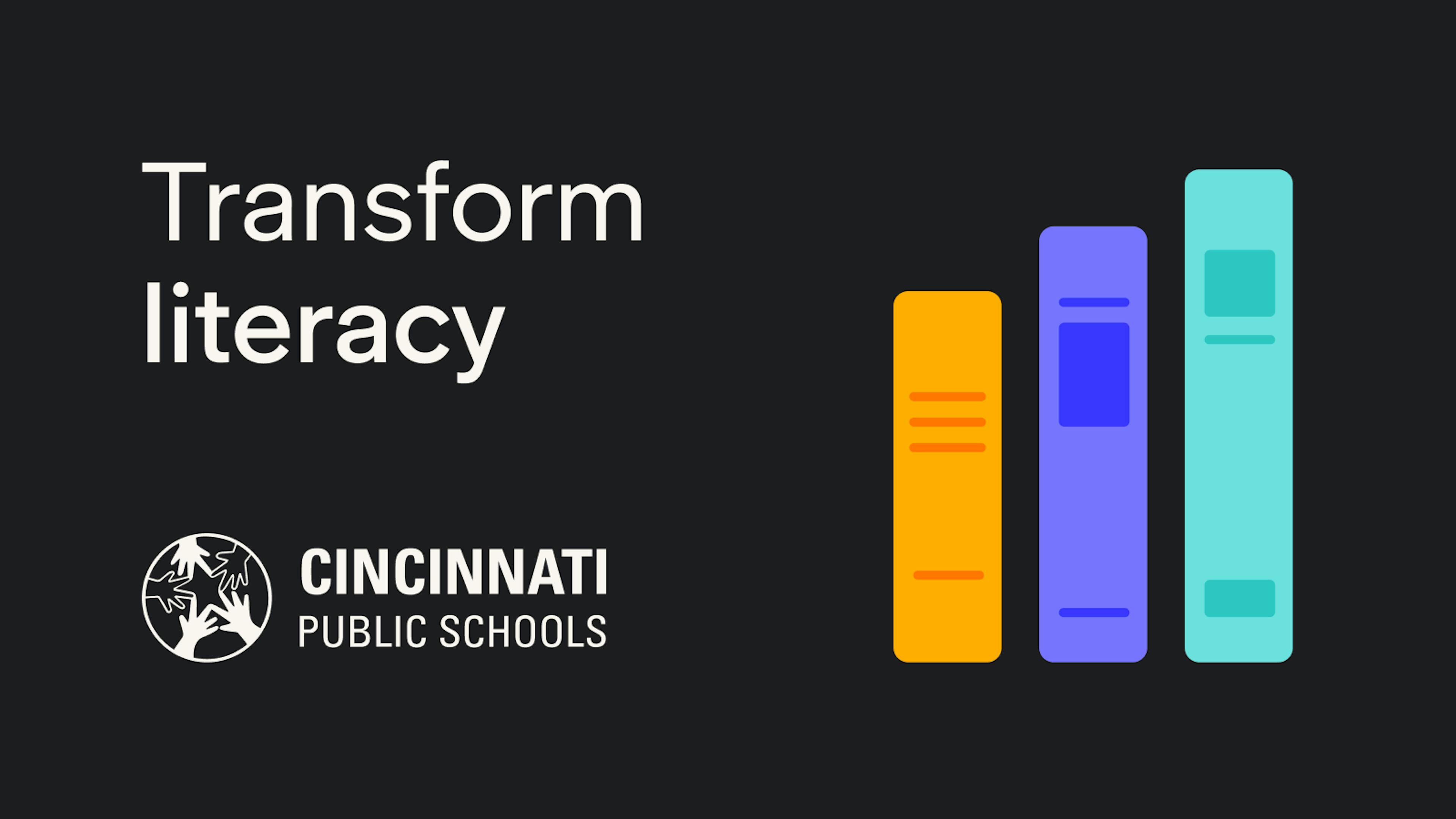 Graphic with Cincinnati Public Schools logo, text “Transform literacy” and colorful book icons.