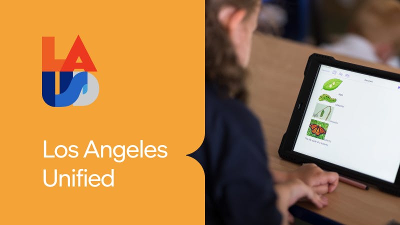 Los Angeles Unified logo next to an image of a student using a tablet device