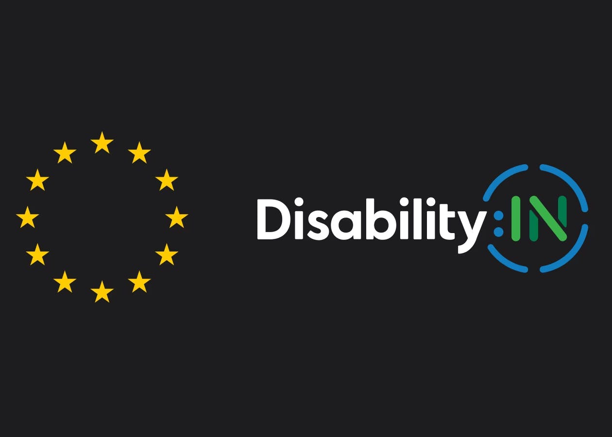 Graphic with DisabilityIN logo and a circle of yellow stars from the European Union flag