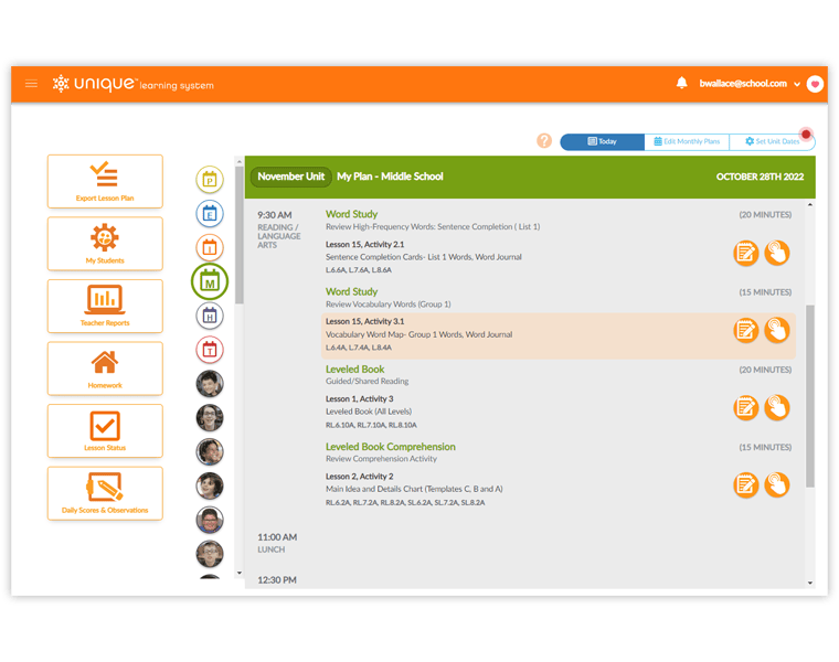 Lesson plan screen from the Unique Learning System showing a middle school a schedule for reading and language arts.
