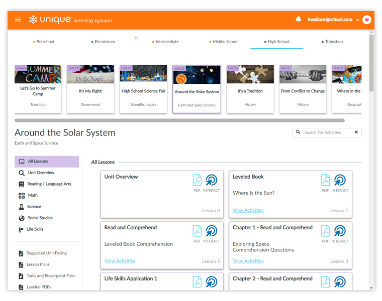 Unique Learning System lesson dashboard showing a high school unit about the solar system. The screen lists lesson categories and activities and comprehension lessons with links to PDFs and interactive options.