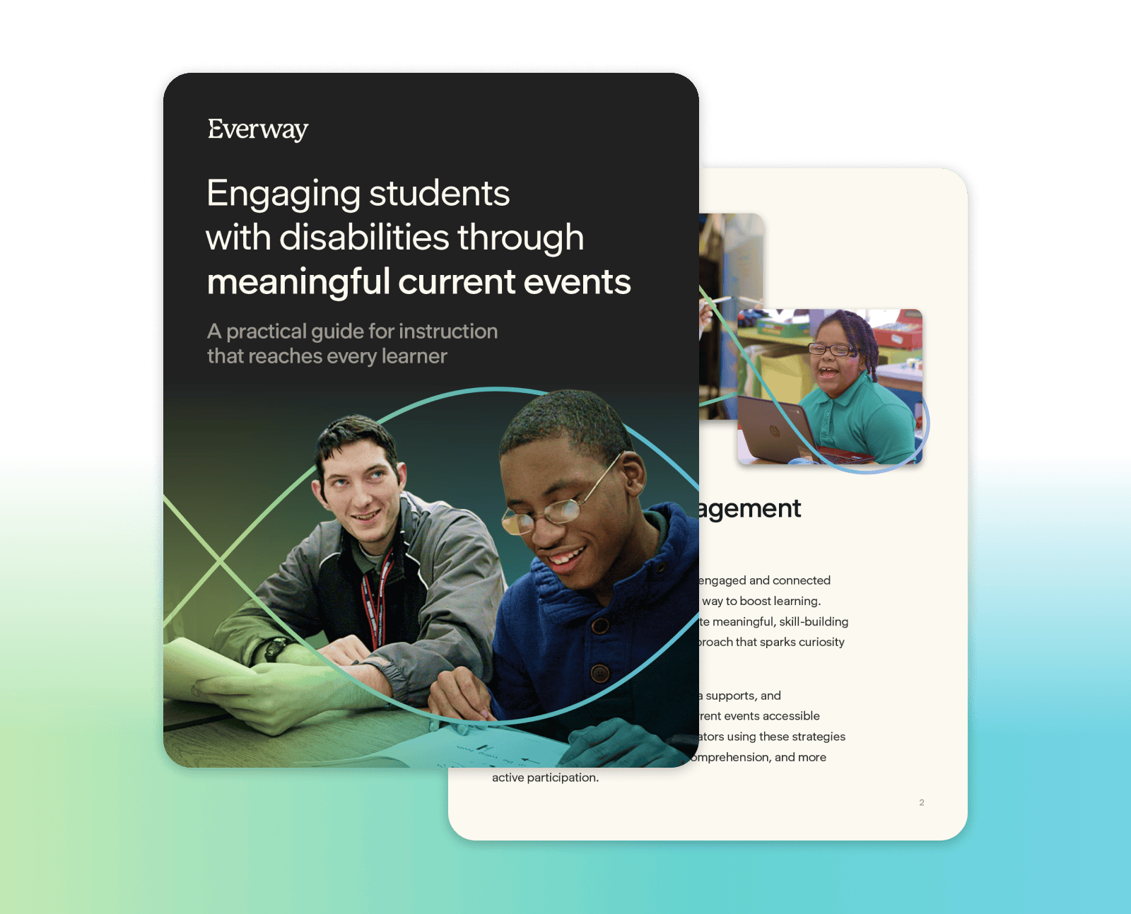 Guide cover titled “Engaging students with disabilities through meaningful current events” with photos of students learning in class.