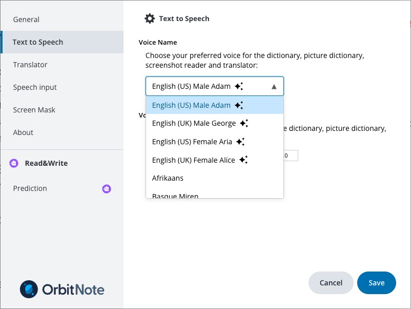 OrbitNote AI Voices Settings Panel