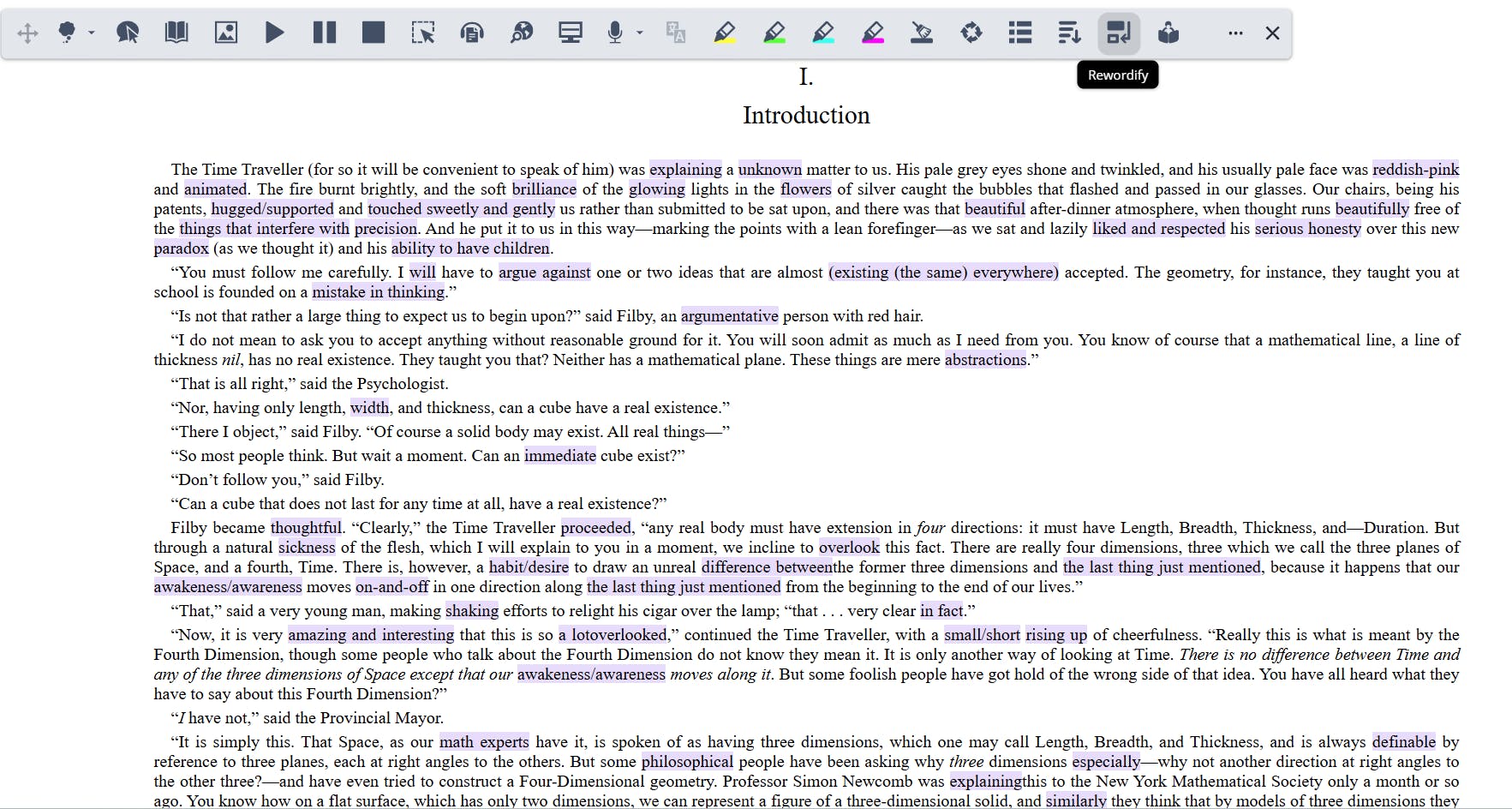 Rewordify with purple highlight