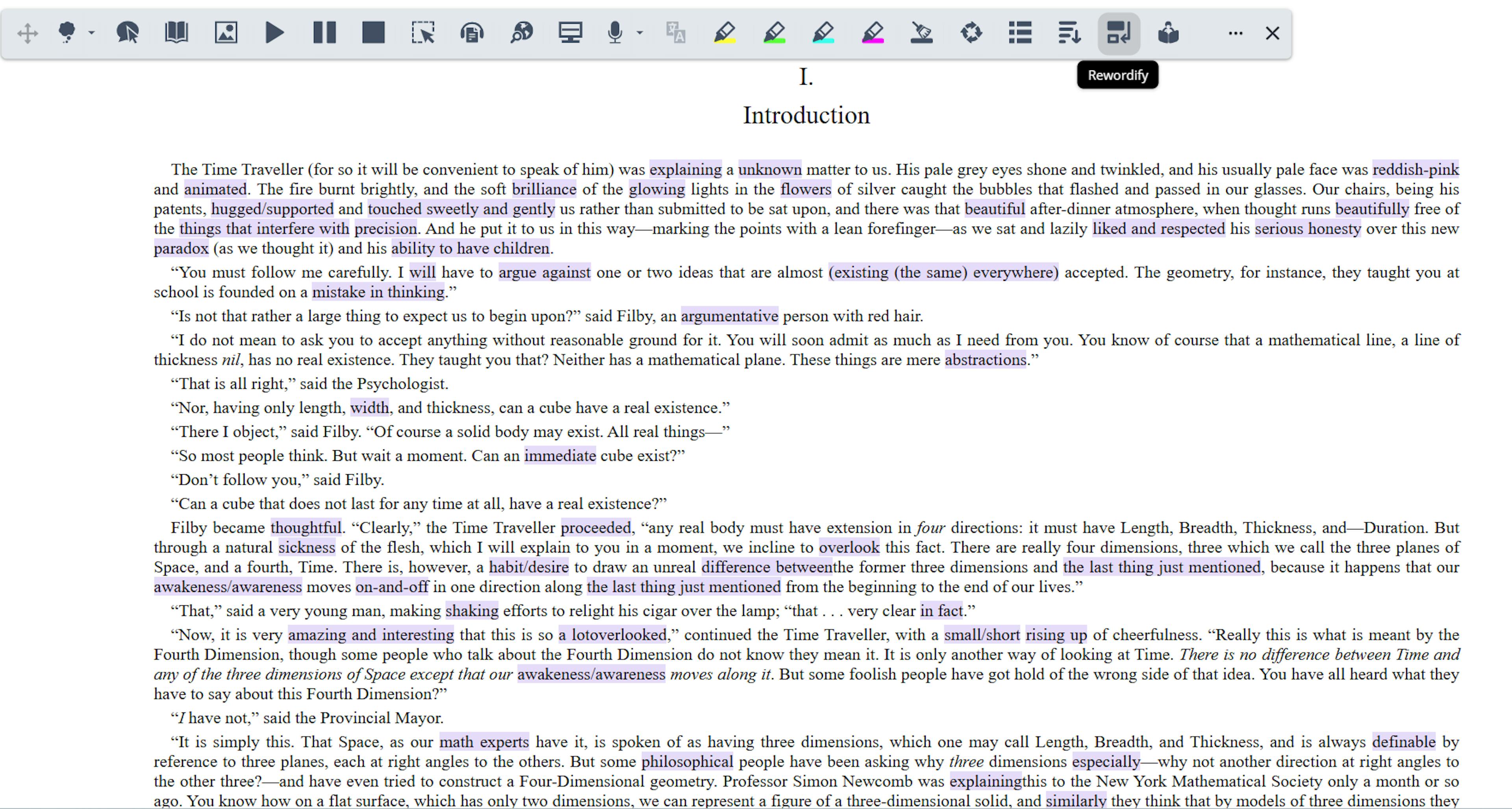 Rewordify with purple highlight