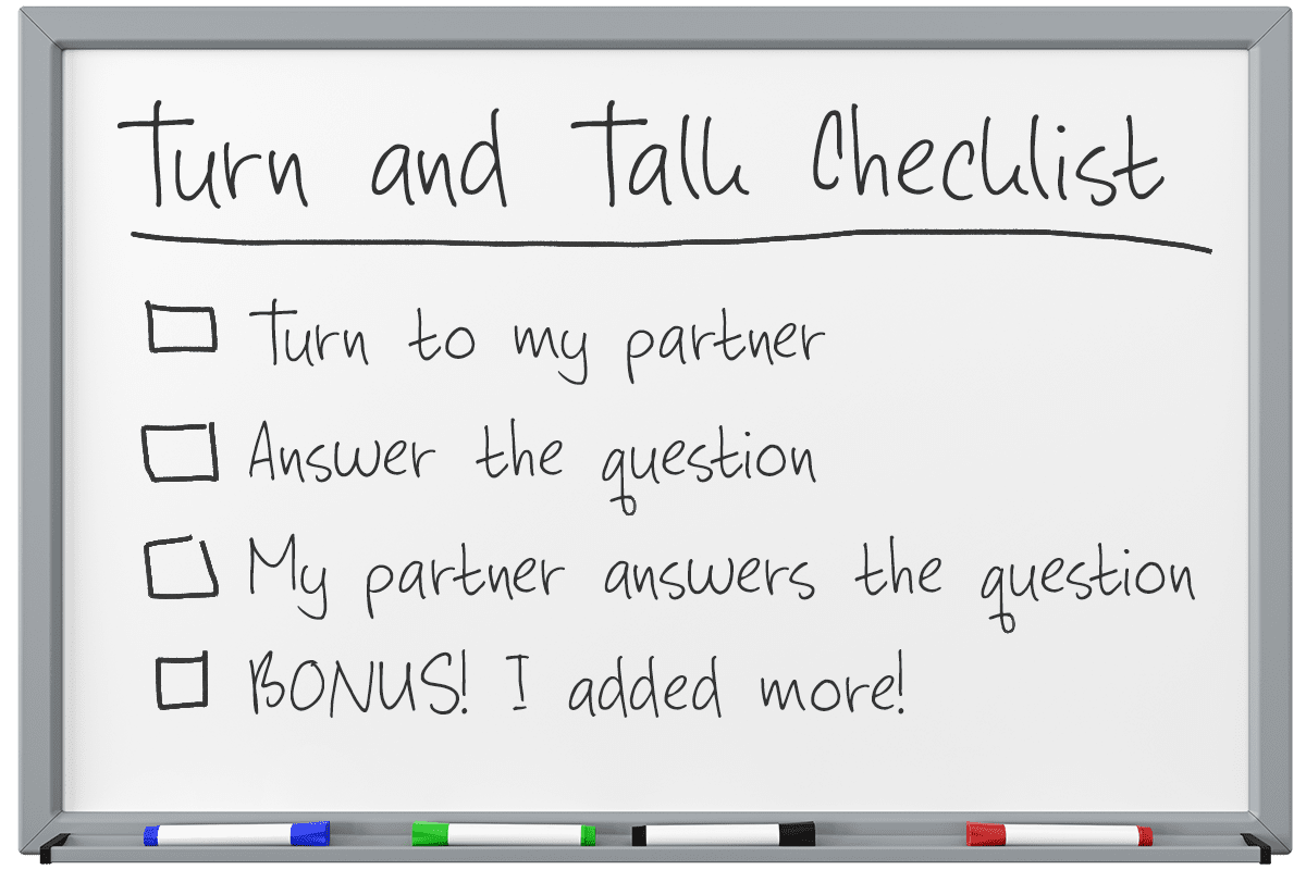 Turn taking checklist including: Turn to my partner, answer the question, my partner asnwers the question etc. 