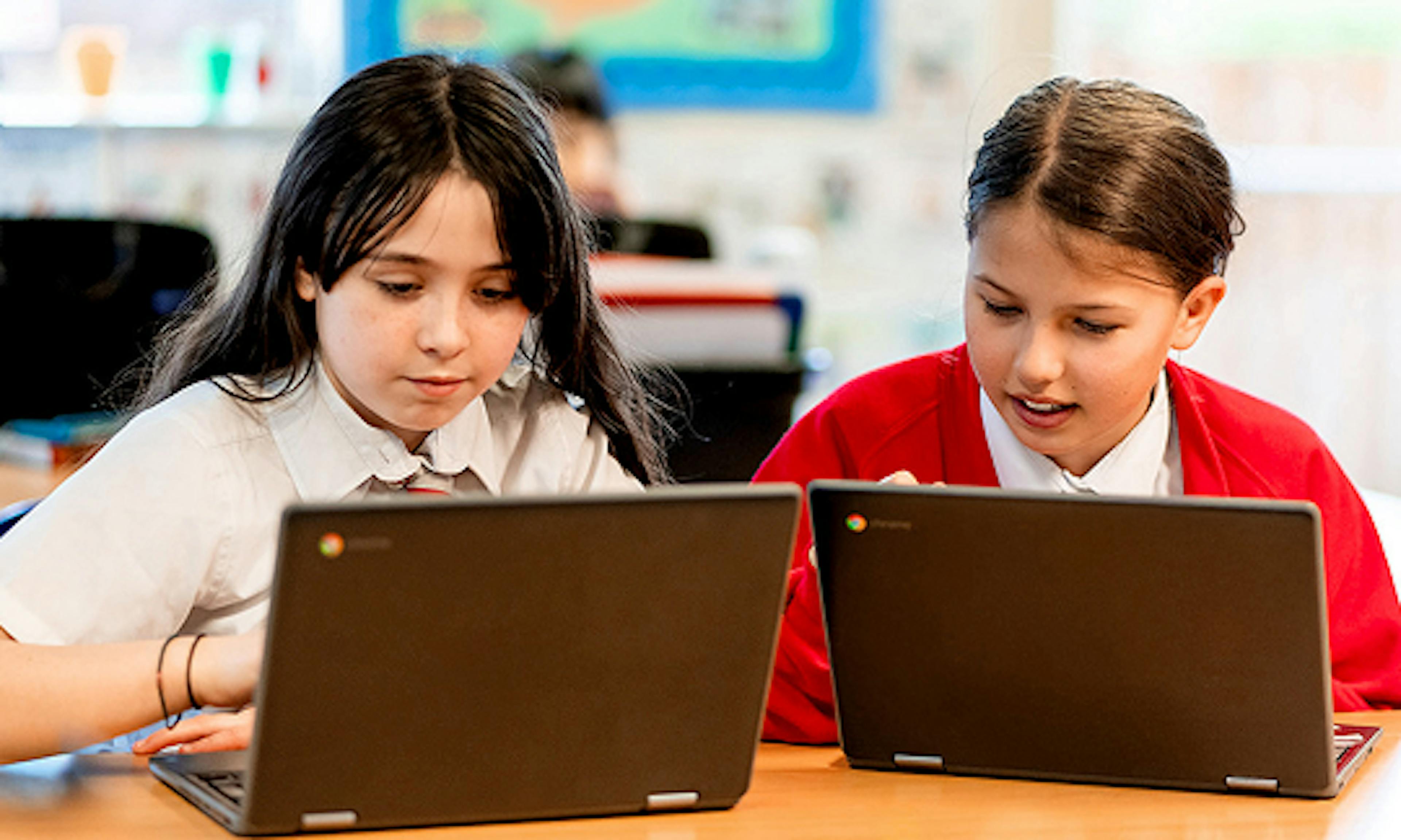 Two students using laptops together at a classroom desk, collaborating on a learning activity.