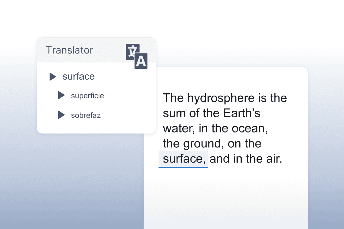 OrbitNote translate feature translating the word 'surface'