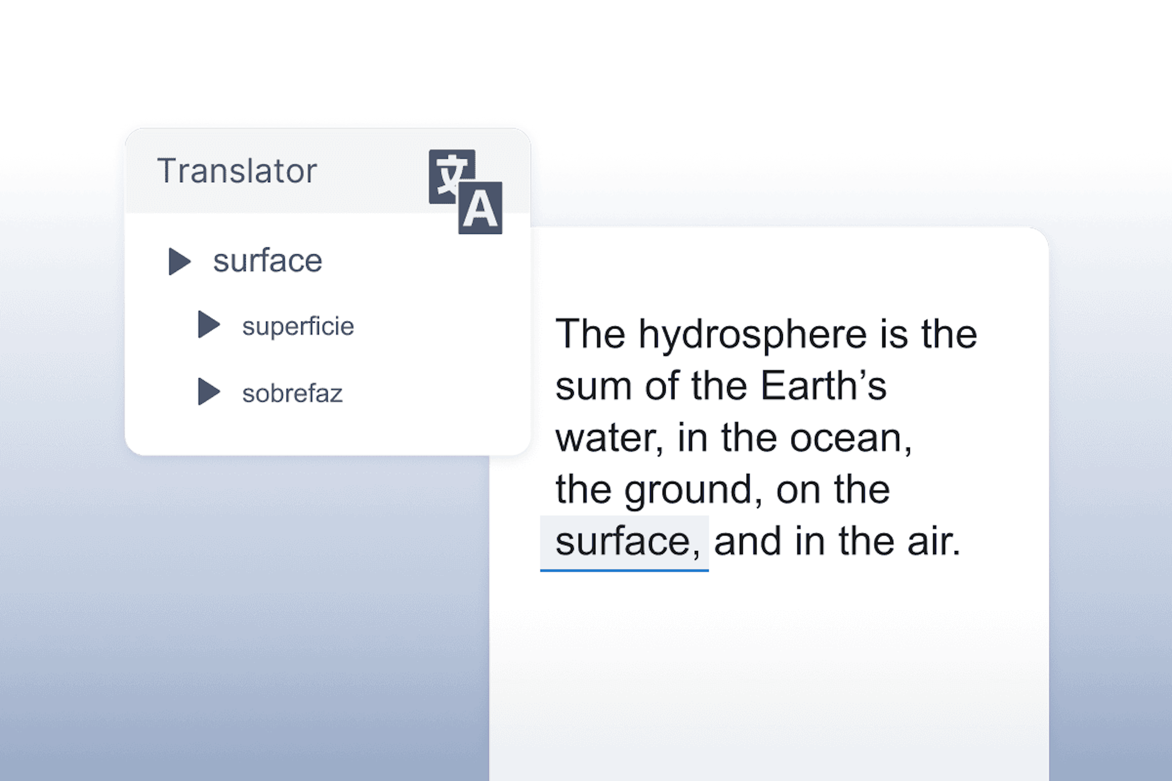 OrbitNote translate feature translating the word 'surface'