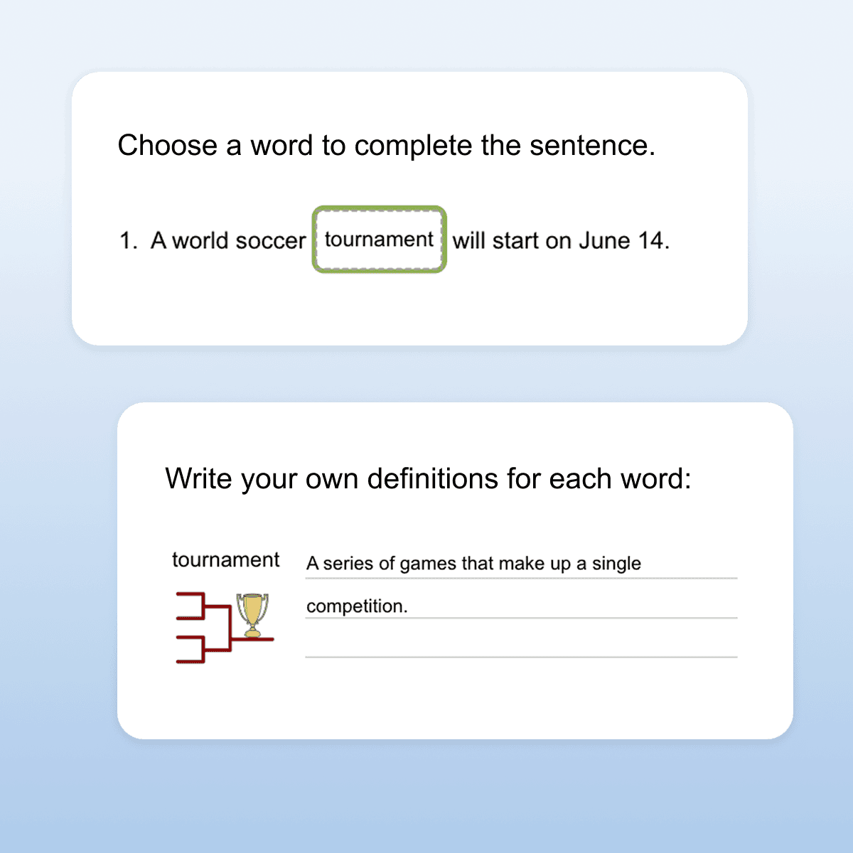 News2you vocabulary activity teaching the word "tournament"