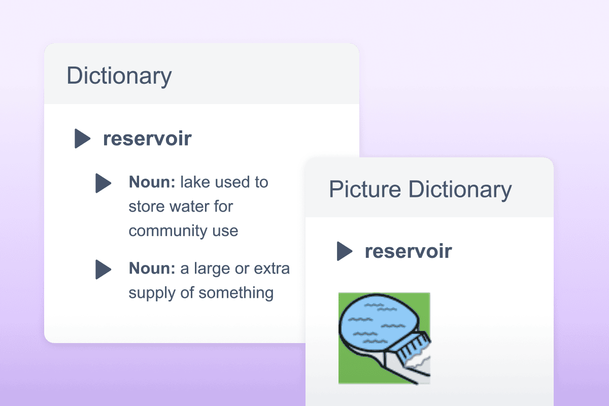 Read&Write picture dictionary showing the definition for "reservoir"