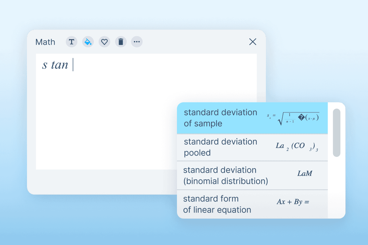 Equatio's prediction feature suggesting standard devision of sample.