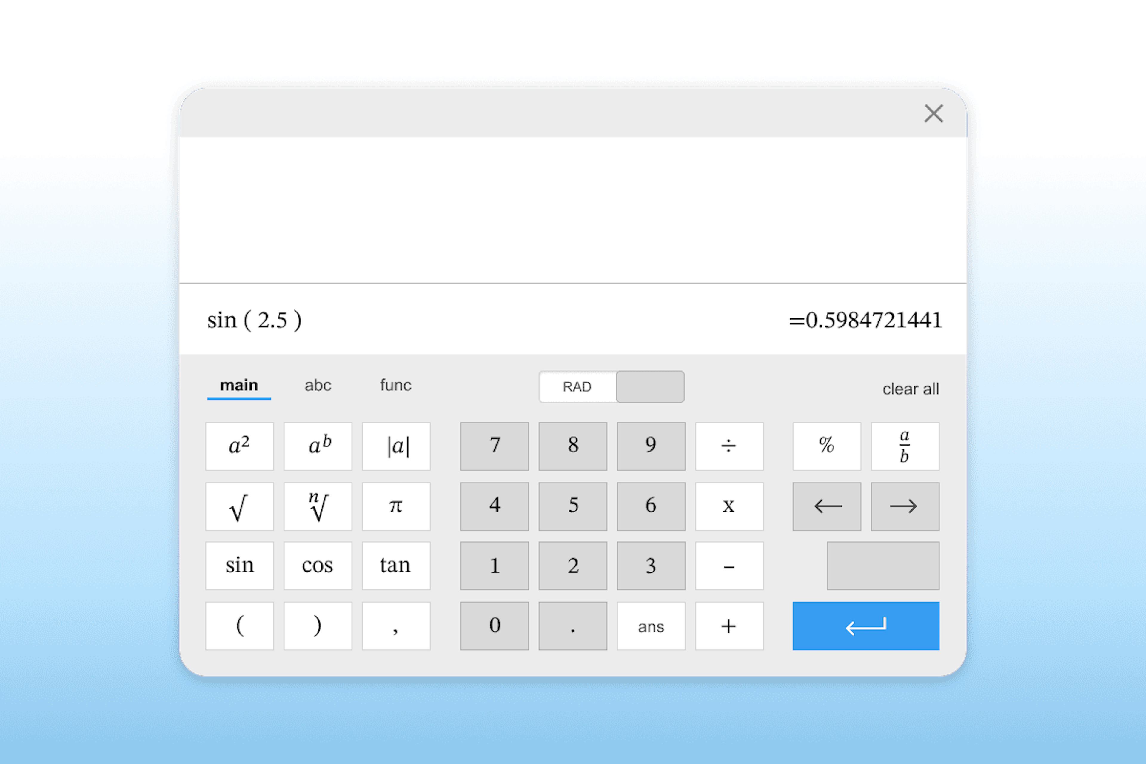 Scientific calculator calculating sin (2.5)
