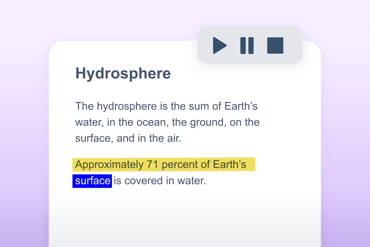 Text-to-speech transcribing a paragraph about the hydrosphere