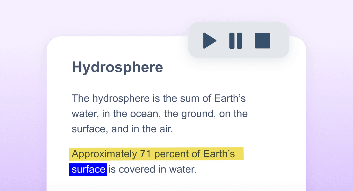 Text-to-speech transcribing a paragraph about the hydrosphere