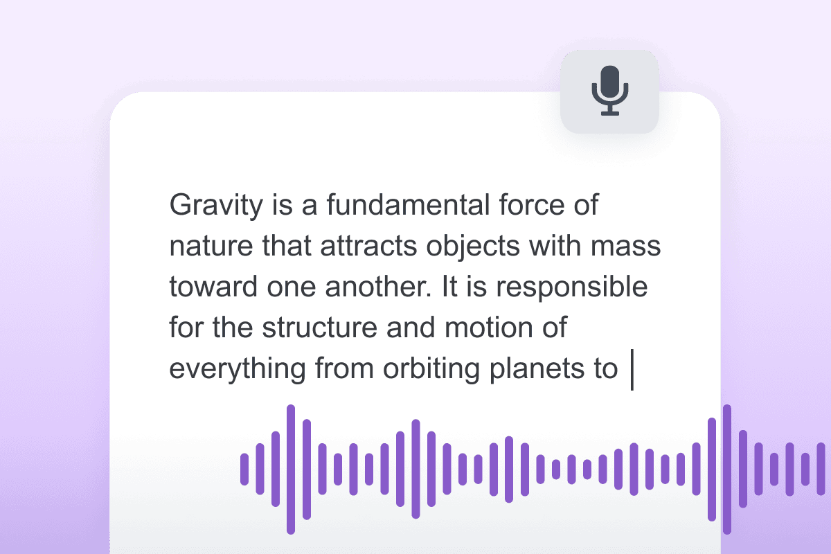Read&Write's talk-and-type feature transcribing a paragraph about gravity