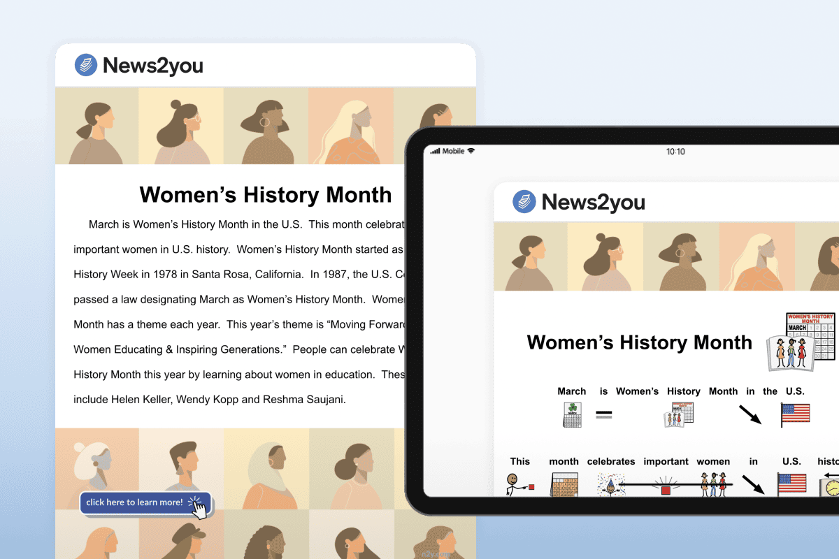 Print and tablet versions of News2you Women’s History Month content.