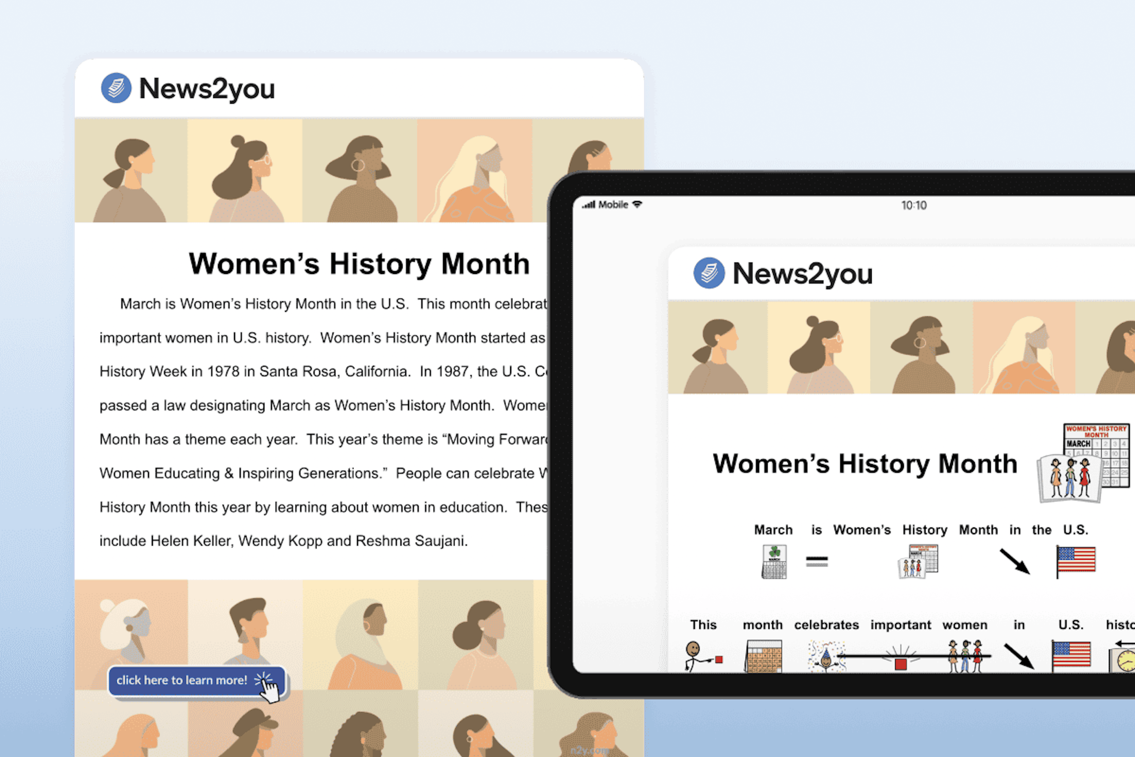 Print and tablet versions of News2you Women’s History Month content.