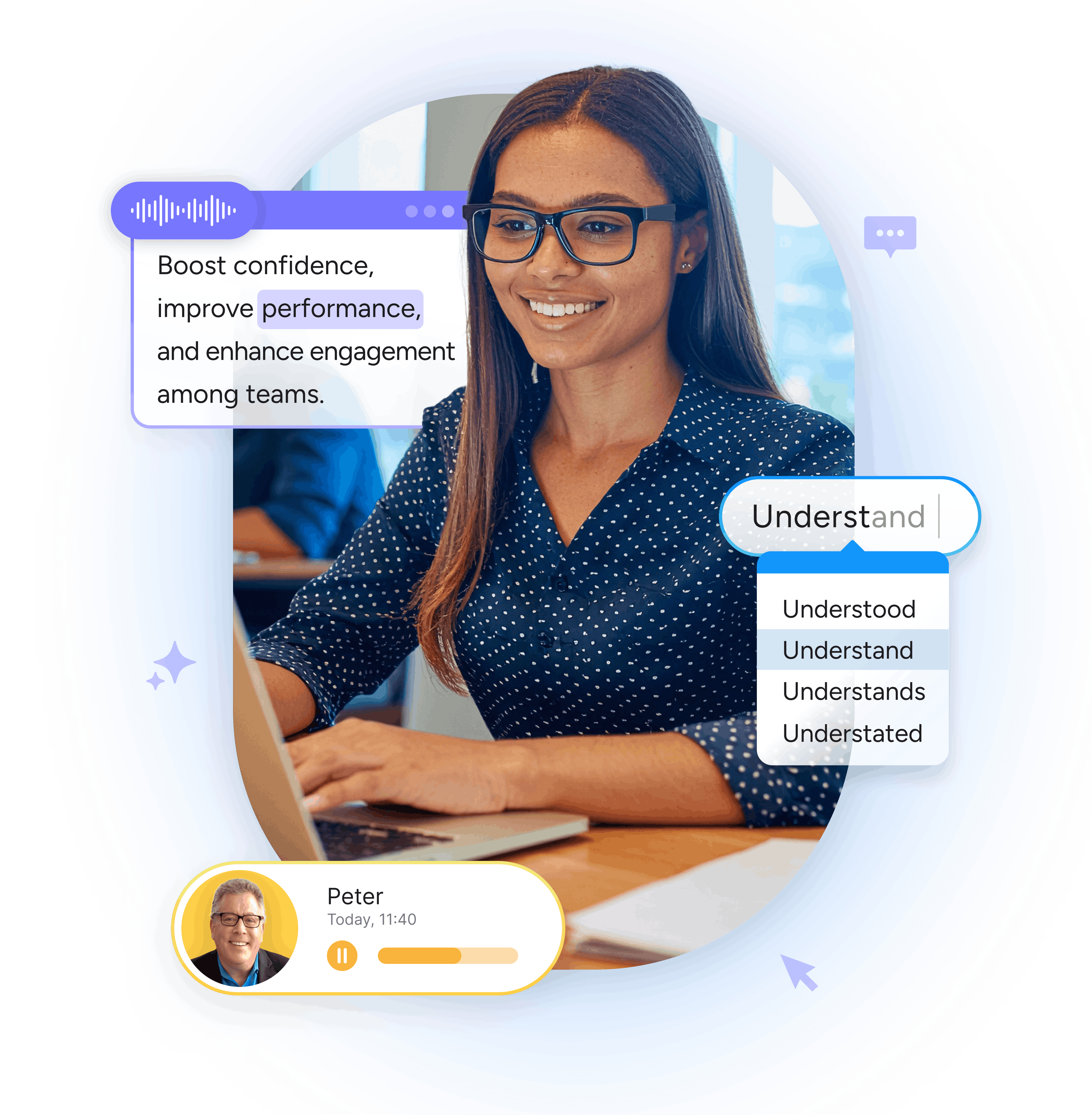 Woman using a laptop with Read&Write feature mockups and word suggestions to support clearer team communication and improved performance.