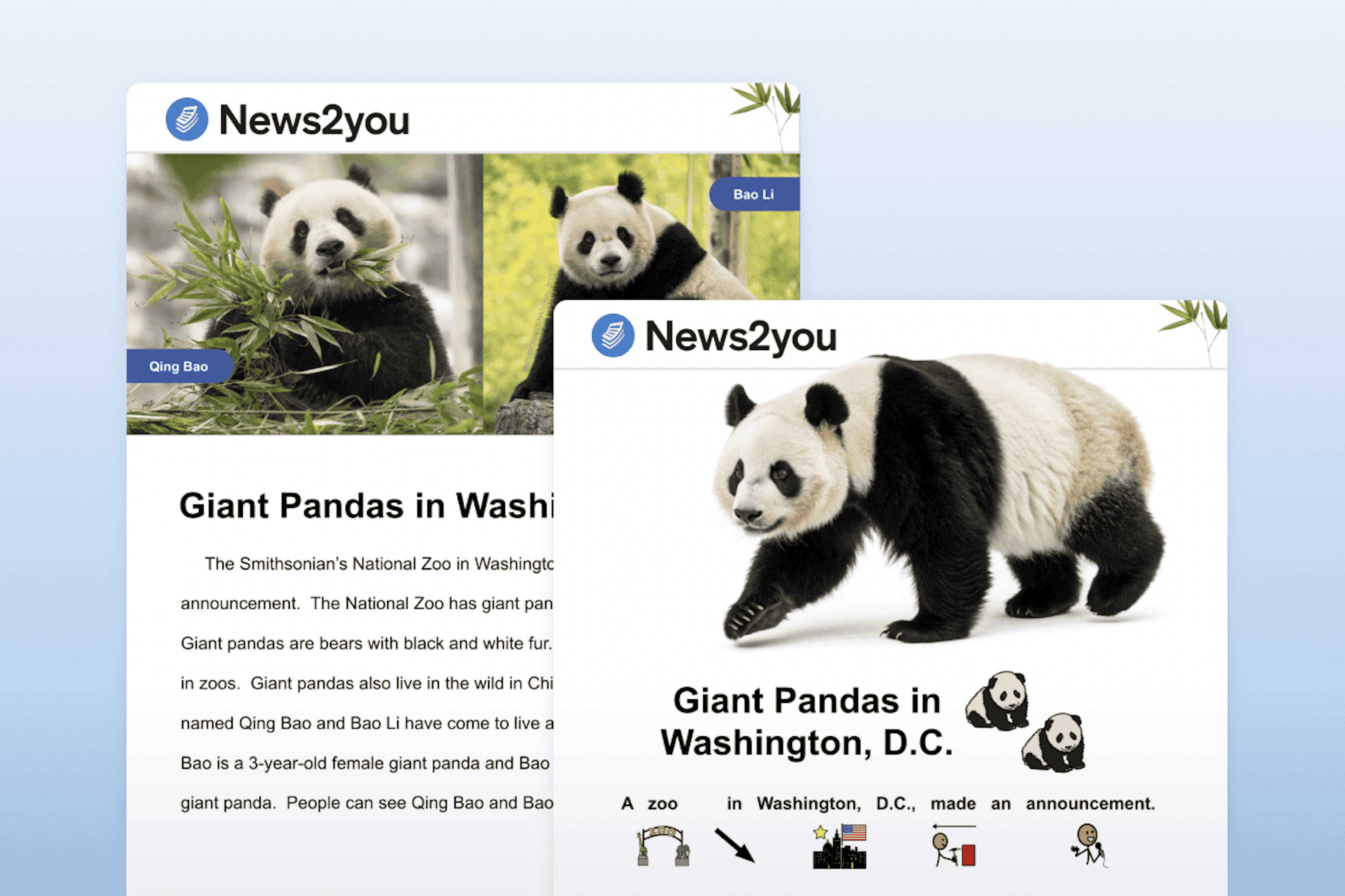 Two versions of a News2you article about giant pandas in Washington, D.C., showing different reading and symbol support levels.
