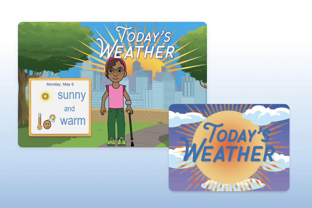 Today's Weather in News2you, showing a student dressed for sunny and warm weather.
