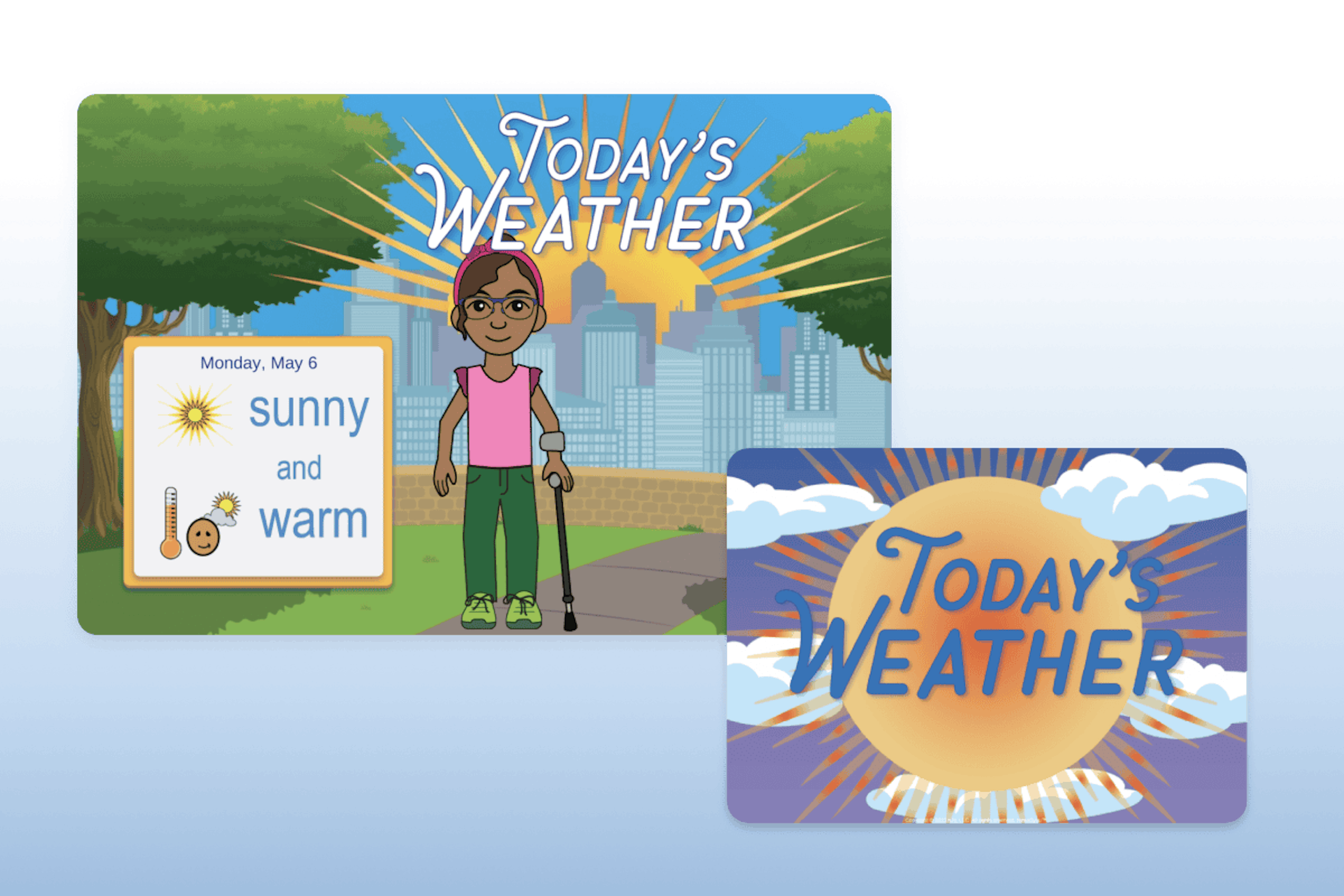 Today's Weather in News2you, showing a student dressed for sunny and warm weather. 