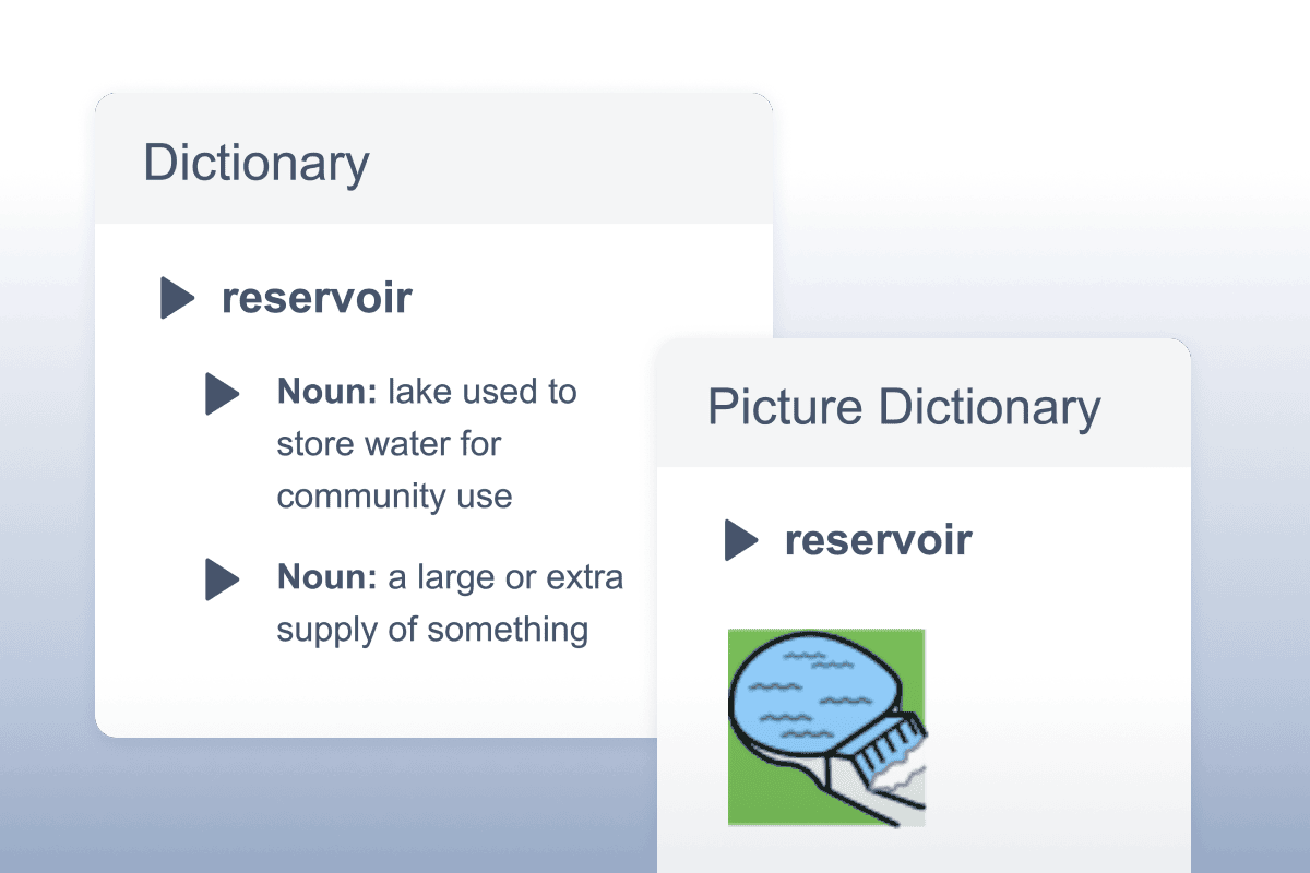 OrbitNote dictionary showing the definition and image for the word "reservoir".
